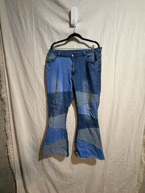 Patchwork Flare Denim Jeans, Blue Multi-Color Blocked